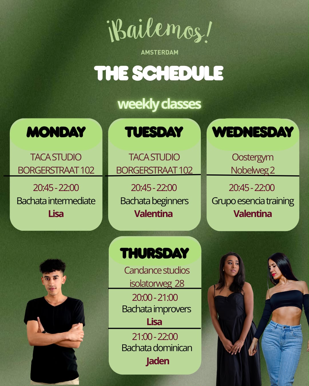 Lisa’s provisional weekly schedule for Bailemos Amsterdam